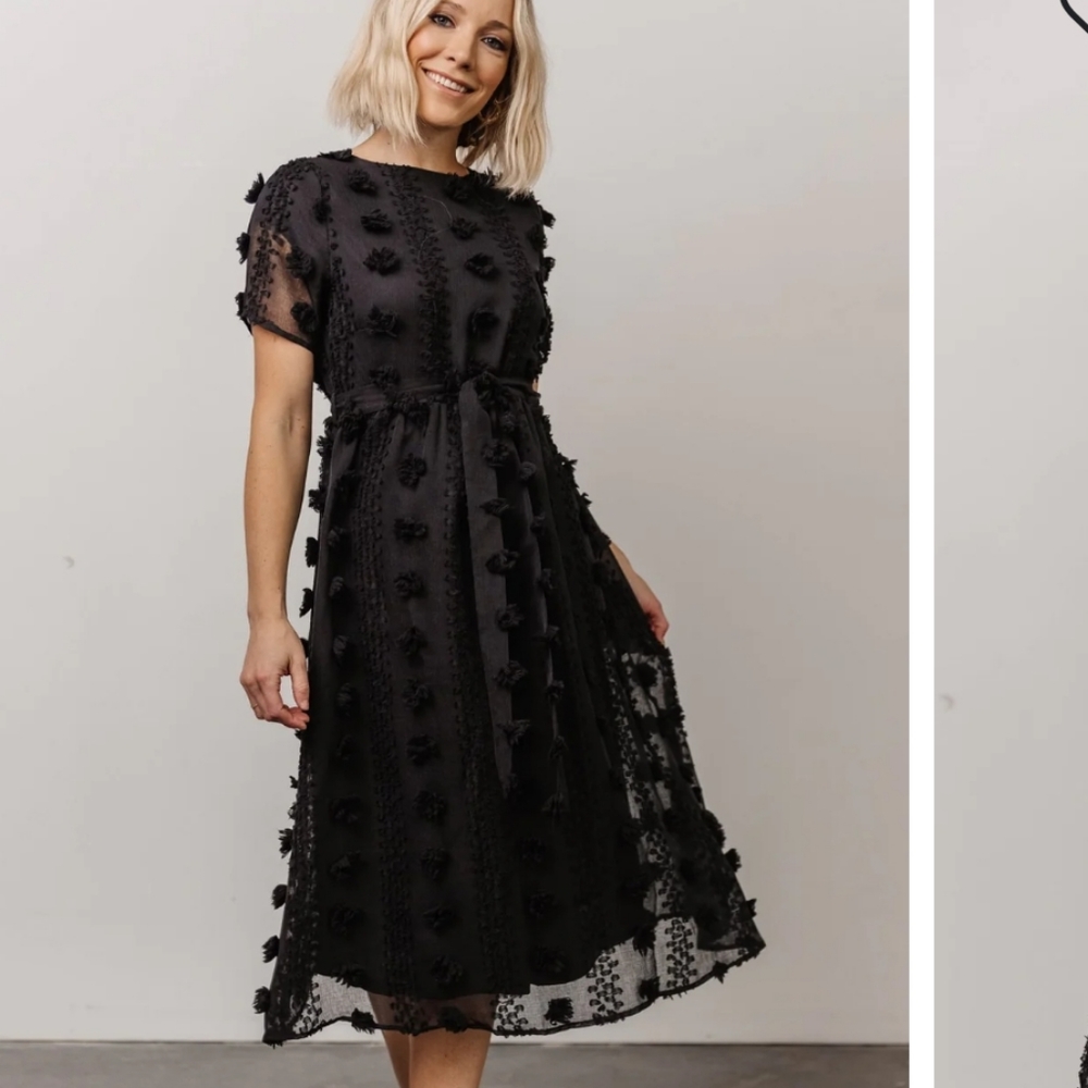 Baltic Born Darbi Floral Dot Midi Dress Black Short Sleeves Size Large